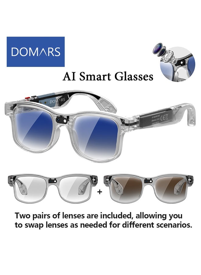 دومرز‌ نظارات Domars AI الذكية المزودة بكاميرا وبلوتوث، نظارات بكاميرا 8 ميجابكسل 1080P HD، تحكم صوتي بالذكاء الاصطناعي، التعرف على الصور والترجمة بالذكاء الاصطناعي، نظارات ذكية مضادة للضوء الأزرق، نظارات شمسية ذكية مزودة ببلوتوث للقيادة، للاستخدام في الهواء الطلق، +2 عدسات. شفافة - Image 1
